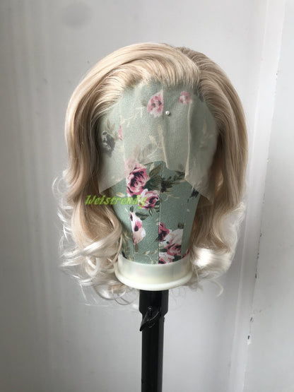 Mixed Blonde Ombre White Medium Length Waves Hair Synthetic Soft Swiss Lace Front Wig Free Part Heat Friendly