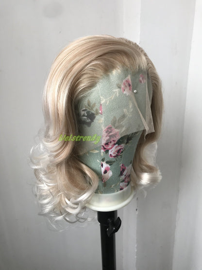 Mixed Blonde With White Tint Hair Medium Length Curls Wavy Hair Premium Synthetic Soft Swiss Lace Front Wigs