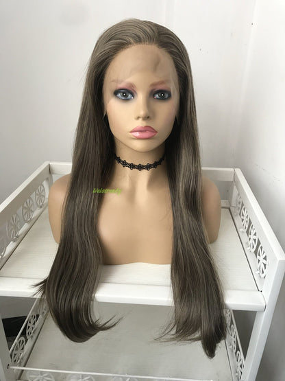 Dark Brunette Blend Long Straight Hair Premium Synthetic Lace Frontal Wig Heat Friendly