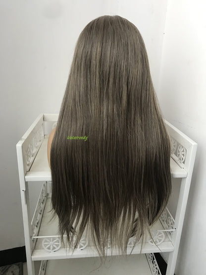 Dark Brunette Blend Long Straight Hair Premium Synthetic Lace Frontal Wig Heat Friendly