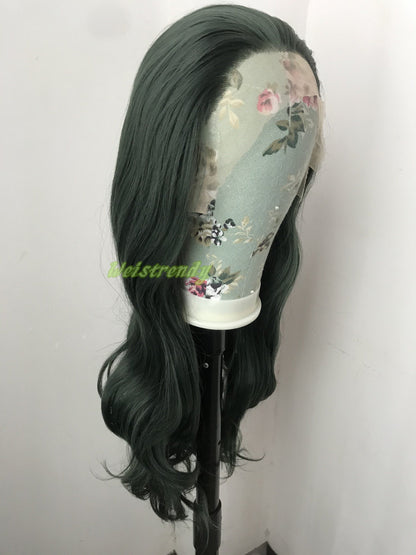 Dark Green | Christmas Green Long Wavy Hair Multi Part Premium Synthetic Soft Swiss Lace Wig Heat Friendly