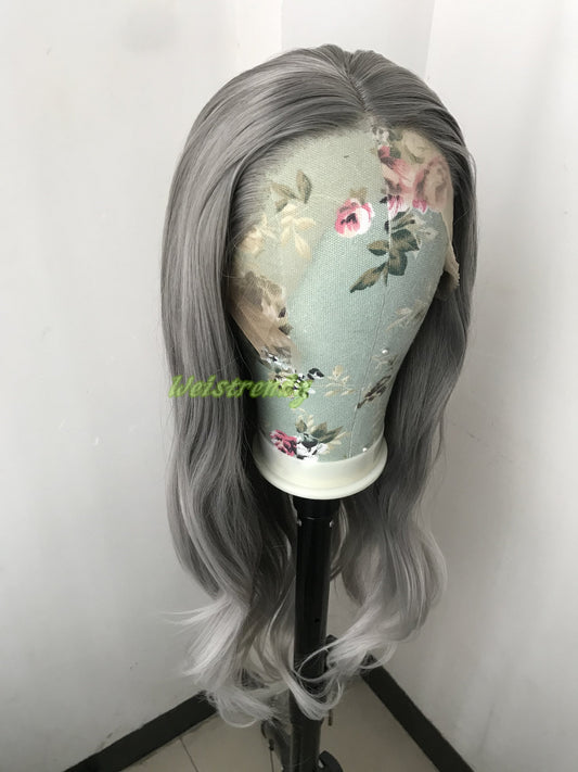 Realistic Dark Grey | Silver Grey into Light Grey | White Grey ends Long Straight Wavy Hair Premium Synthetic Lace frontal Wig Multi Part