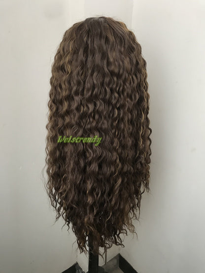 Mixed Brown Light Brown Highlights Long waves Hair Premium Synthetic Fibre Heat Safe Lace Frontal Wig