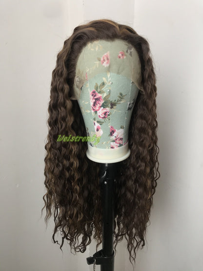 Mixed Brown Light Brown Highlights Long waves Hair Premium Synthetic Fibre Heat Safe Lace Frontal Wig