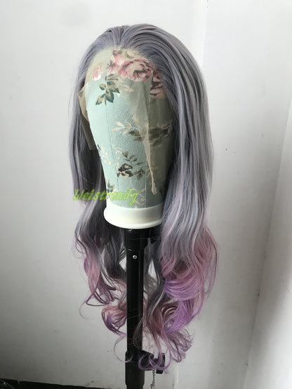Mixed Purple Grey into Pink Purple Red 3 Tones Long Straight Wavy Hair Multi Part Premium Synthetic Soft Swiss Lace Wig Heat Friendly