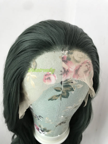 Dark Green | Christmas Green Long Wavy Hair Multi Part Premium Synthetic Soft Swiss Lace Wig Heat Friendly