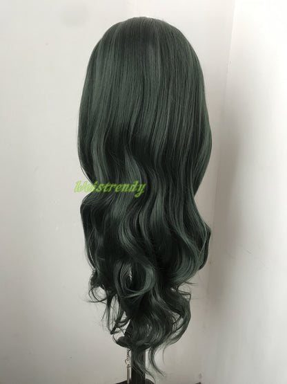 Dark Green | Christmas Green Long Wavy Hair Multi Part Premium Synthetic Soft Swiss Lace Wig Heat Friendly