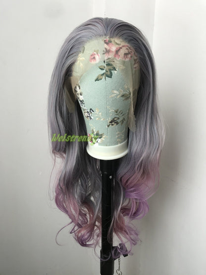 Mixed Purple Grey into Pink Purple Red 3 Tones Long Straight Wavy Hair Multi Part Premium Synthetic Soft Swiss Lace Wig Heat Friendly