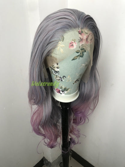 Mixed Purple Grey into Pink Purple Red 3 Tones Long Straight Wavy Hair Multi Part Premium Synthetic Soft Swiss Lace Wig Heat Friendly