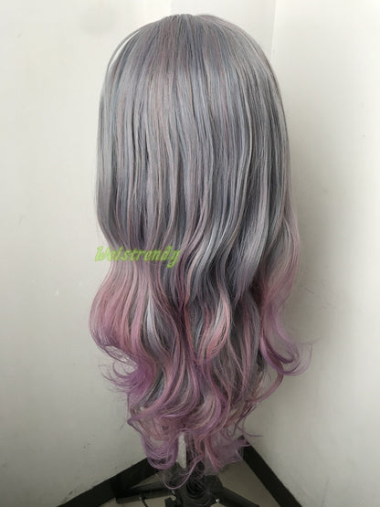 Mixed Purple Grey into Pink Purple Red 3 Tones Long Straight Wavy Hair Multi Part Premium Synthetic Soft Swiss Lace Wig Heat Friendly