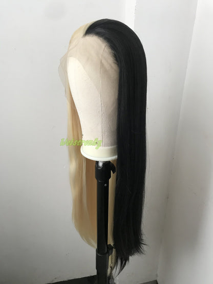 32in Half and Half Black 613 Blonde Long Straight Hair Synthetic Lace frontal Wig with Natural Hairline
