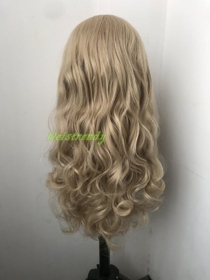 Ash Blonde Long Curls Wavy Hair Hair Premium Synthetic Lace frontal Wig Heat Safe