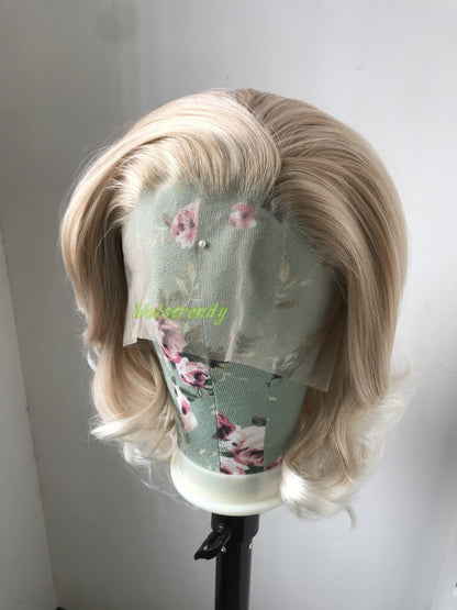 Mixed Blonde With White Tint Hair Medium Length Curls Wavy Hair Premium Synthetic Soft Swiss Lace Front Wigs