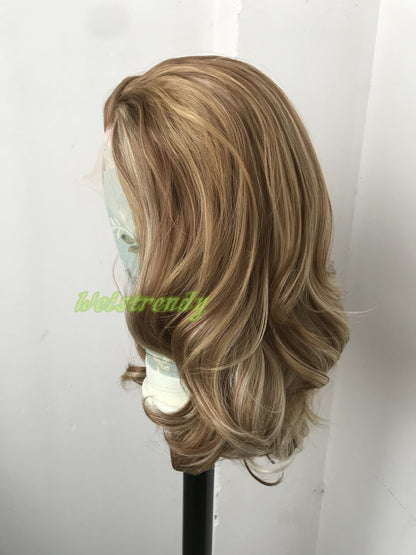 Mixed Brown Blonde Hightlights Medium Length Waves Hair Synthetic Soft Swiss Lace Frontal Wig Free Part Heat Friendly