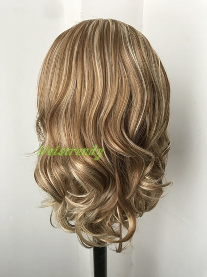 Mixed Brown Blonde Hightlights Medium Length Waves Hair Synthetic Soft Swiss Lace Frontal Wig Free Part Heat Friendly