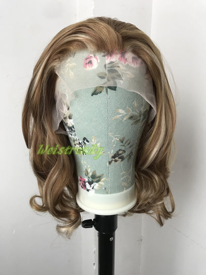 Mixed Brown Blonde Hightlights Medium Length Waves Hair Synthetic Soft Swiss Lace Frontal Wig Free Part Heat Friendly