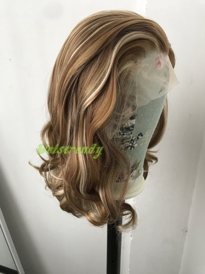 Mixed Brown Blonde Hightlights Medium Length Waves Hair Synthetic Soft Swiss Lace Frontal Wig Free Part Heat Friendly