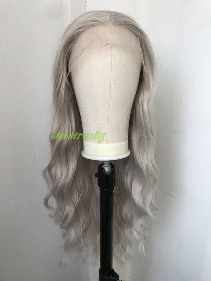 Pale Grey | Ash Blonde Long Water Waves Hair Synthetic Swiss Lace Frontal Wig Heat Safe Free Parting