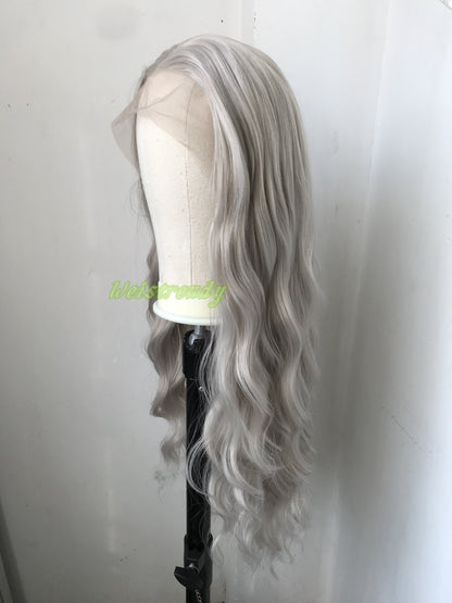 Pale Grey | Ash Blonde Long Water Waves Hair Synthetic Swiss Lace Frontal Wig Heat Safe Free Parting