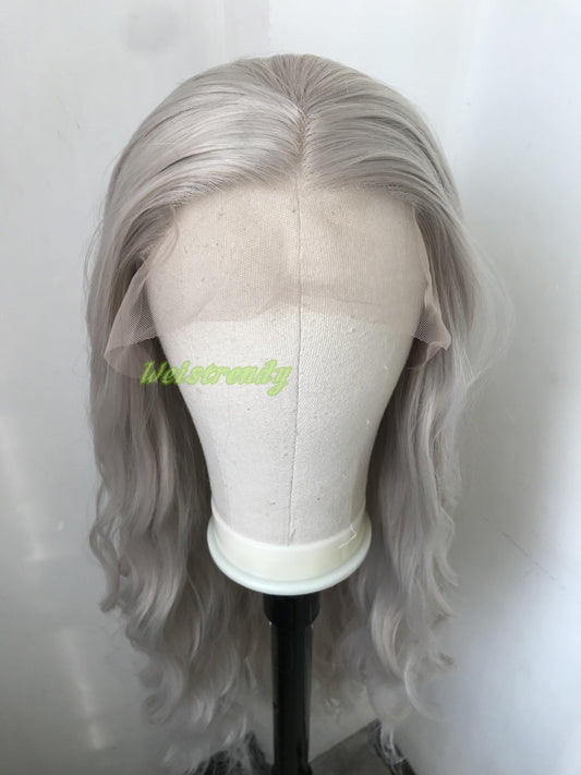 Pale Grey | Ash Blonde Long Water Waves Hair Synthetic Swiss Lace Frontal Wig Heat Safe Free Parting