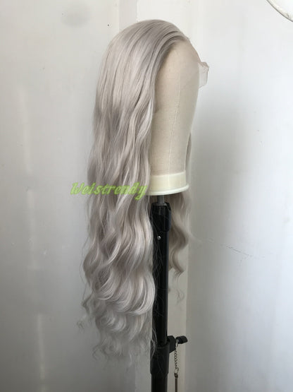 Pale Grey | Ash Blonde Long Water Waves Hair Synthetic Swiss Lace Frontal Wig Heat Safe Free Parting