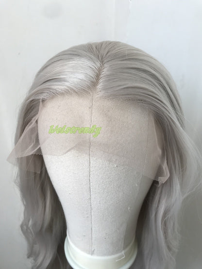 Pale Grey | Ash Blonde Long Water Waves Hair Synthetic Swiss Lace Frontal Wig Heat Safe Free Parting
