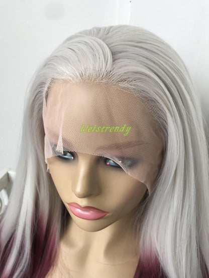 Pastel Grey Wine Red Ombre Long Straight Hair Premium Synthetic Lace Front Wig Free Part