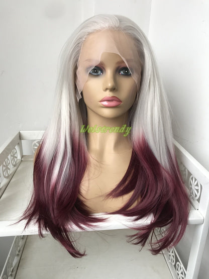 Pastel Grey Wine Red Ombre Long Straight Hair Premium Synthetic Lace Front Wig Free Part