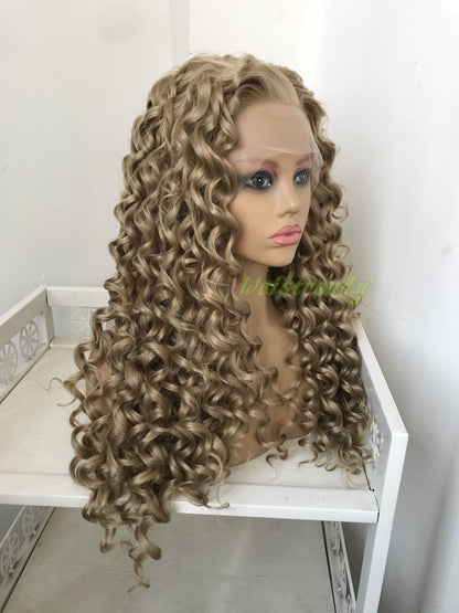 Blonde Long Ring Curls Hair Premium Synthetic Fibre Heat Safe Glueless Lace Frontal Wig