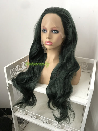 Dark Green | Christmas Green Long Wavy Hair Multi Part Premium Synthetic Soft Swiss Lace Wig Heat Friendly