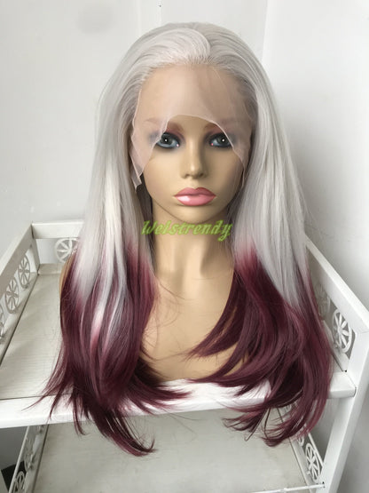 Pastel Grey Wine Red Ombre Long Straight Hair Premium Synthetic Lace Front Wig Free Part