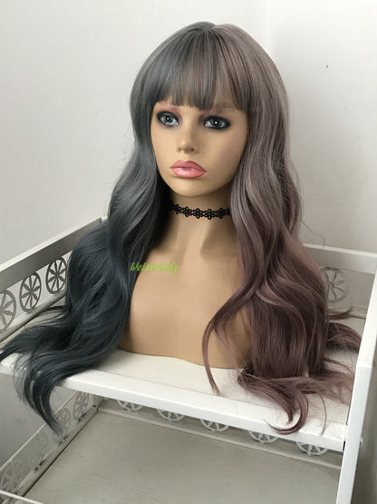 Half and Half Dusty Purple Dusty Blue Mixed Color Long Waves Hair Premium Synthetic No Lace Wig with Bangs Heat Safe