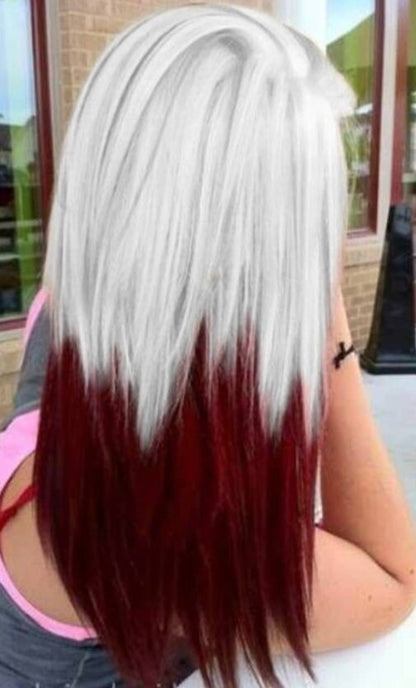 Pastel Grey Wine Red Ombre Long Straight Hair Premium Synthetic Lace Front Wig Free Part