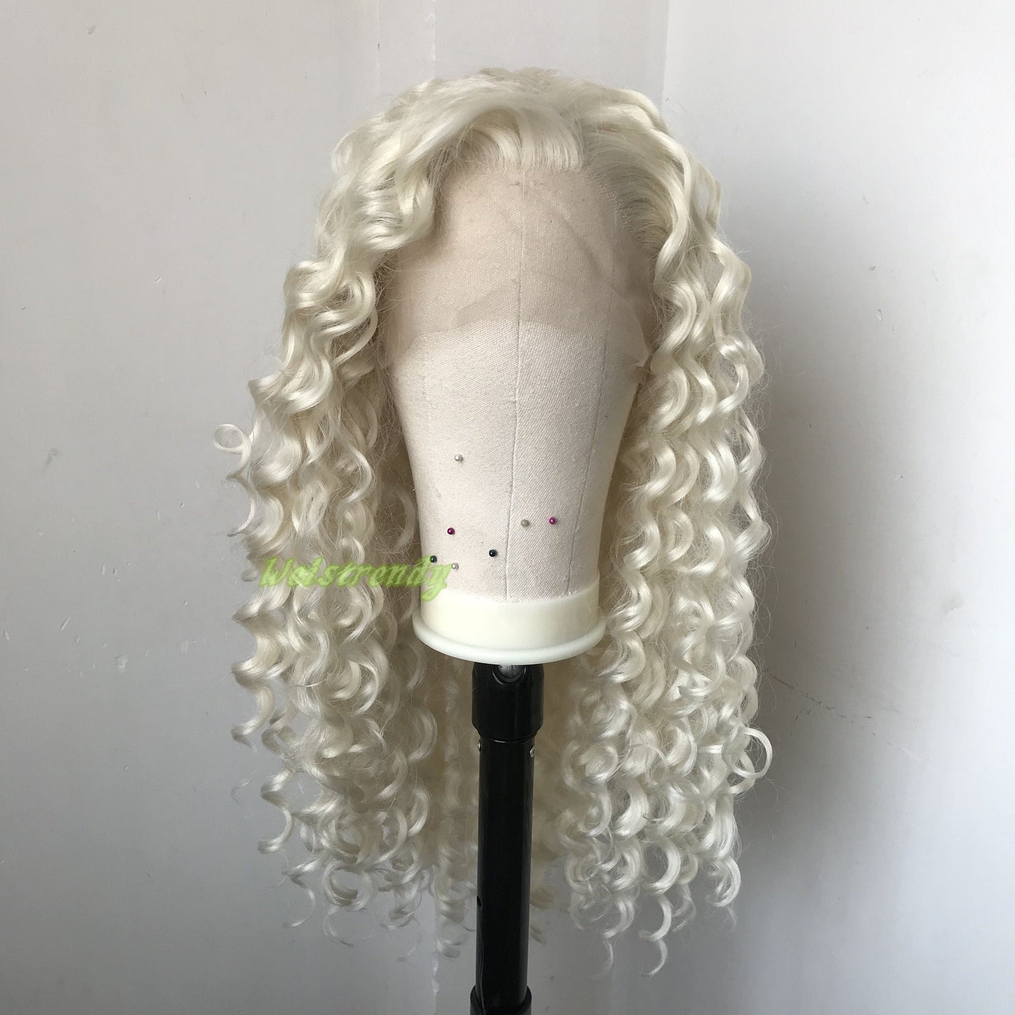 Platinum Blonde Long Ring Curls Multi Part Premium Synthetic Soft Swiss Lace Wig Heat Friendly