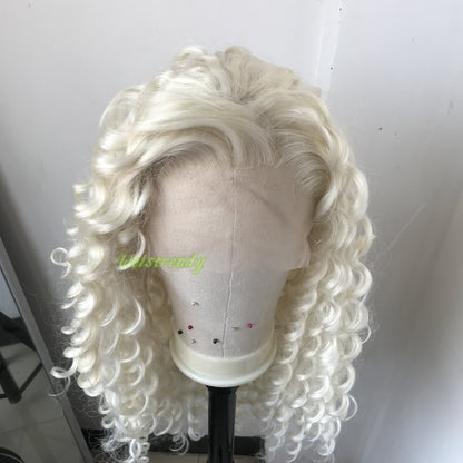 Platinum Blonde Long Ring Curls Multi Part Premium Synthetic Soft Swiss Lace Wig Heat Friendly