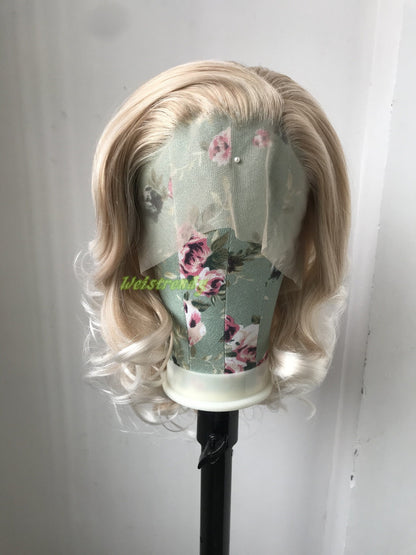 Mixed Blonde With White Tint Hair Medium Length Curls Wavy Hair Premium Synthetic Soft Swiss Lace Front Wigs
