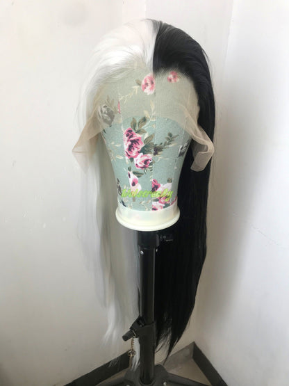 32in Half and Half Black White Long Straight Hair Synthetic Lace Frontal Wig with Natural Hairline