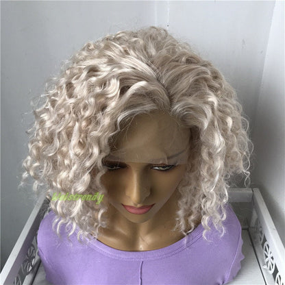 Mixed Platinum Blonde Short Curly Wavy Hair Wigs Synthetic Lace Frontal Wig Free Part