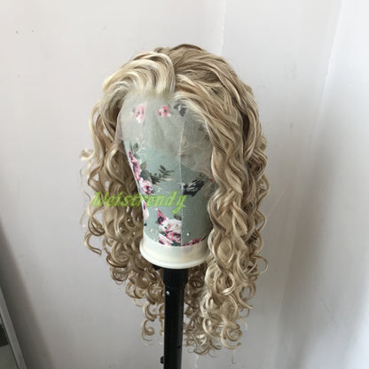 Mixed Blonde Brown Long Ring Curls Wigs Premium Synthetic Fibre Heat Safe Glueless Lace Frontal Wig