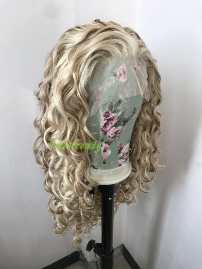 Mixed Blonde Brown Long Ring Curls Wigs Premium Synthetic Fibre Heat Safe Glueless Lace Frontal Wig