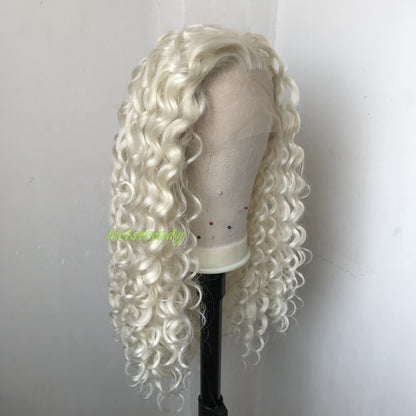 Platinum Blonde Long Ring Curls Multi Part Premium Synthetic Soft Swiss Lace Wig Heat Friendly