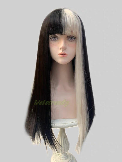 One-Sided Money Piece Black White Blonde Long Straight hair with Bangs Synthetic No lace Cosplay Wig Fun WigsHeat Safe