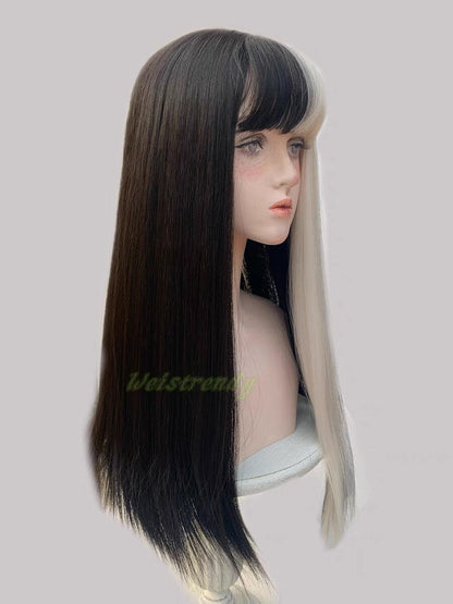 One-Sided Money Piece Black White Blonde Long Straight hair with Bangs Synthetic No lace Cosplay Wig Fun WigsHeat Safe
