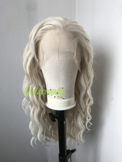 Beige Blonde 24in Long Beachy Wavy Hair Premium Synthetic Swiss Lace Frontal Wig Free Partting Heat Safe