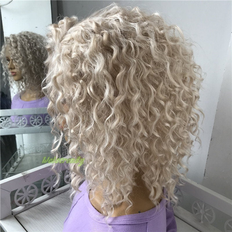 Mixed Platinum Blonde Short Curly Wavy Hair Wigs Synthetic Lace Frontal Wig Free Part