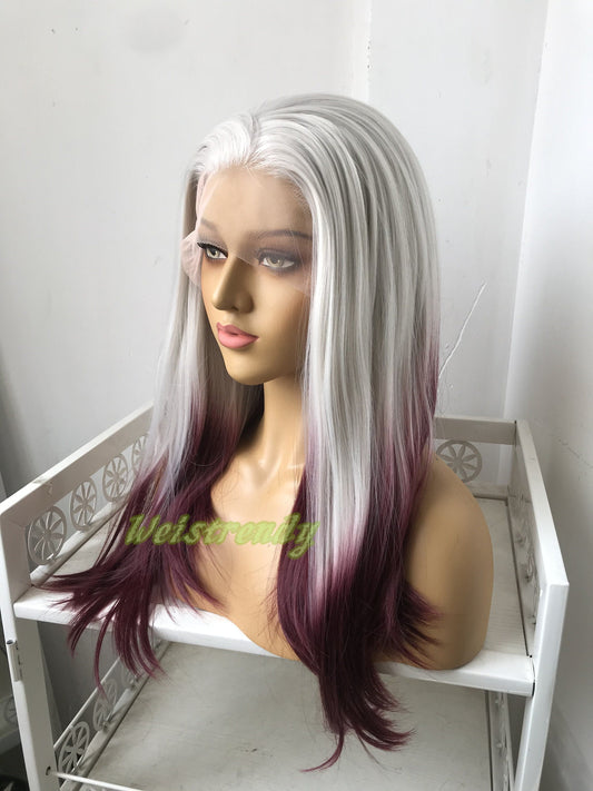 Ash Blonde Burgundy | Wine Red Ombre Long Straight Hair Premium Synthetic Lace frontal Wig Heat Safe