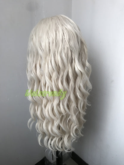 Beige Blonde 24in Long Beachy Wavy Hair Premium Synthetic Swiss Lace Frontal Wig Free Partting Heat Safe