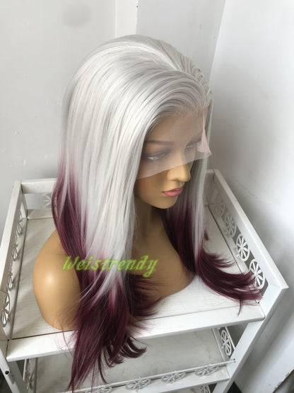 Ash Blonde Burgundy | Wine Red Ombre Long Straight Hair Premium Synthetic Lace frontal Wig Heat Safe
