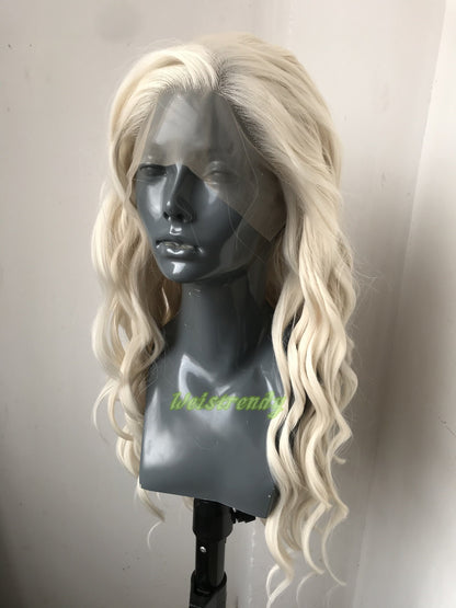 Beige Blonde 24in Long Beachy Wavy Hair Premium Synthetic Swiss Lace Frontal Wig Free Partting Heat Safe