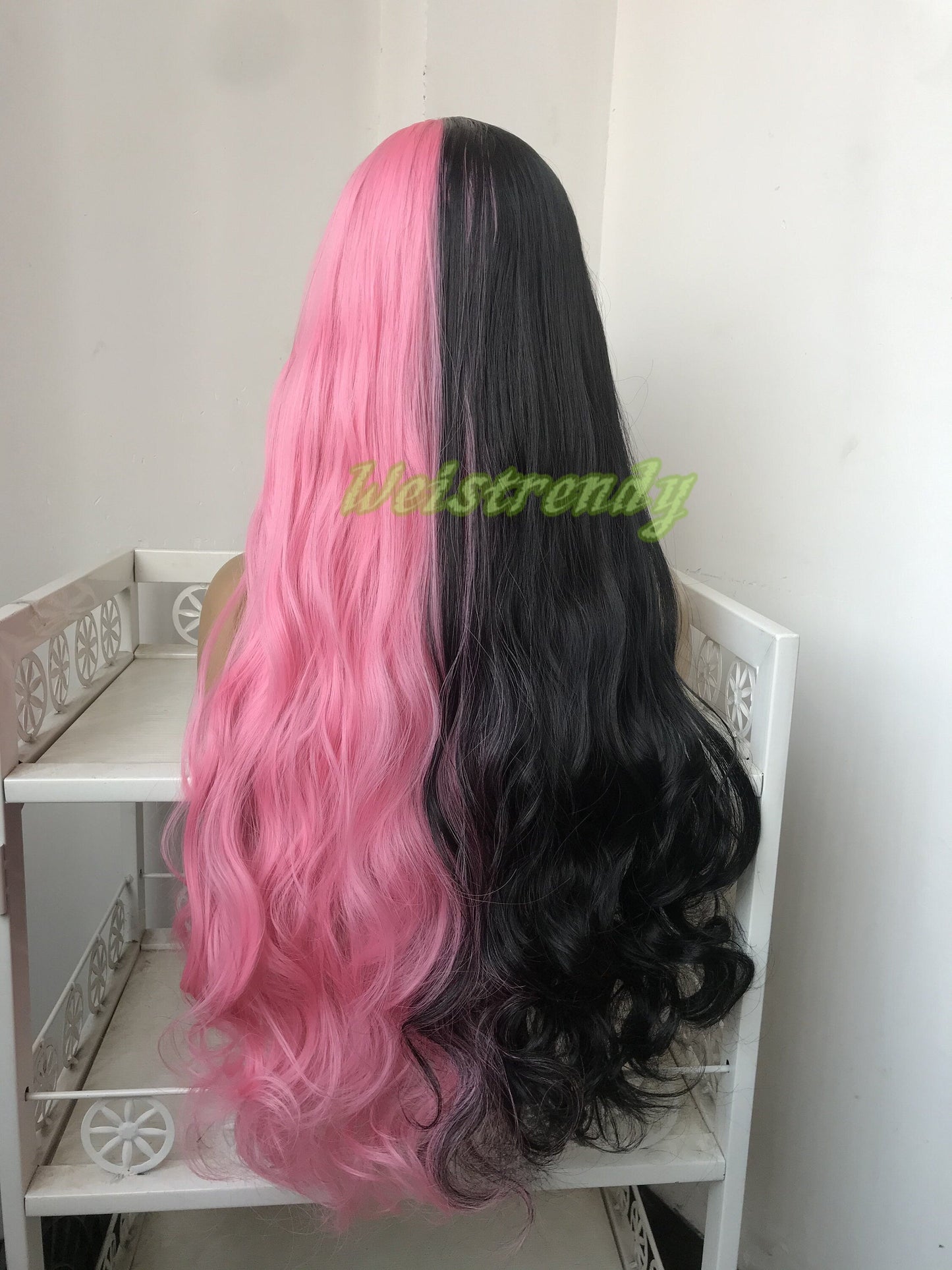 Half and Half Pink | Black Long Straight Waves Hair Premium Synthetic No Lace Wig with Bangs Heat Ok